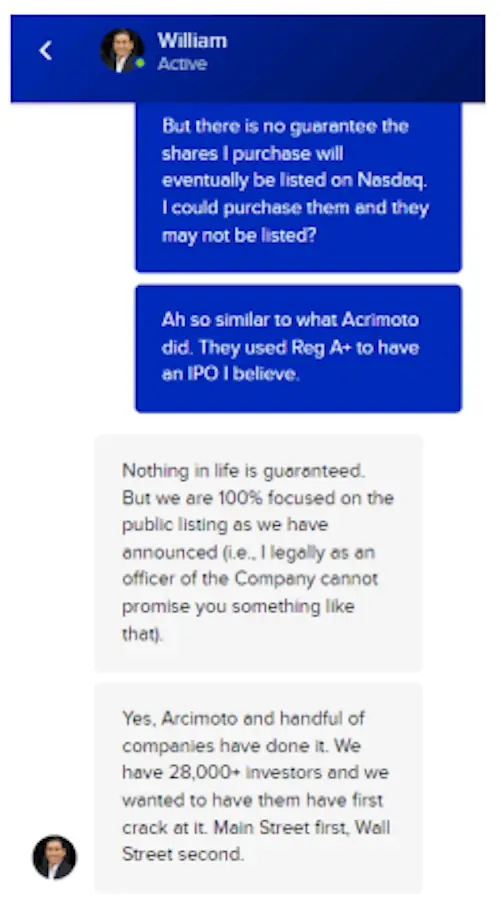 William Li message about going public