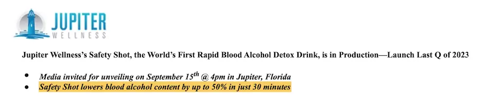 Safety Shot lowers blood alcohol content by up to 50% in just 30 minutes