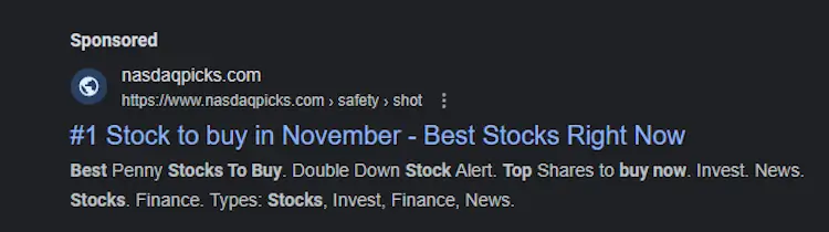 Nasdaqpicks Google ad for Safety Shot
